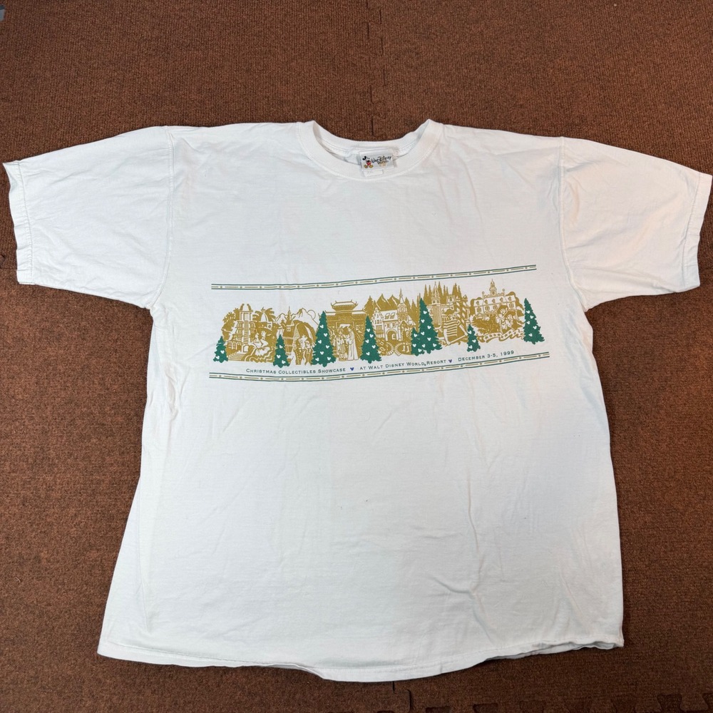 Vintage Walt Disney World 1999 Christmas Collectibles Showcase T-Shirt XXL White